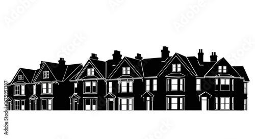 Black and white silhouette of a row of terraced Victorian houses.