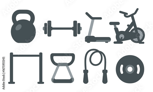 Silhouettes of gym equipment on grungy background featuring weights and cardio machines