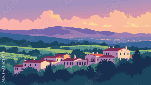 Escondido, CA – Vineyards and Old Town facades with Palomar view, palette: vine green, adobe, dusk purple, tile red