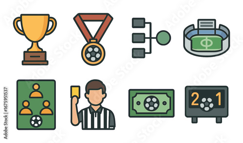 Soccer icons set: trophy, medal, stadium, referee, scoreboard