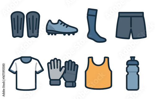 Soccer gear set with cleats, shin guards, socks, shorts, jersey, gloves, and water bottle