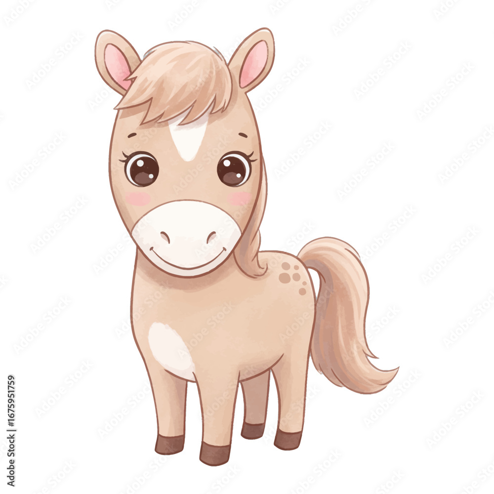 Naklejka premium Cute Baby Horse Foal Children Book Style Adorable Character Isolated Hand Drawn Watercolor Painting Illustration