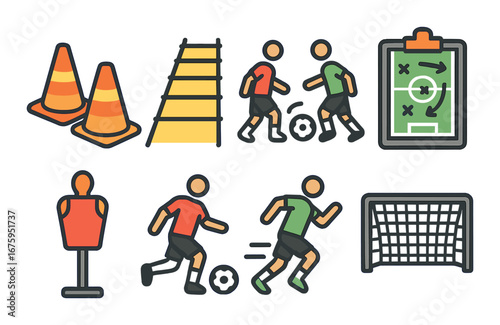 Soccer training equipment and drills: cones, ladder, clipboard, mannequin, players, goal