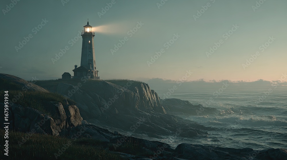 Fototapeta premium Lighthouse beaconing over a misty ocean