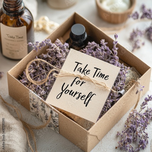 A serene gift box filled with lavender and self-care essentials, featuring a note that encourages taking time for oneself, self love gifts on white background