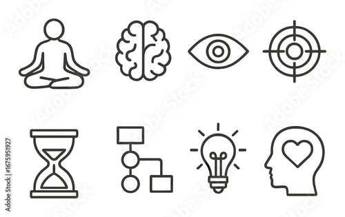 Mindfulness and innovation icons: meditation, brain, eye, target, hourglass, flowchart, lightbulb, heart
