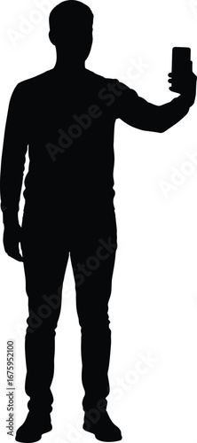 Silhouette of Man Taking Selfie with Smartphone in Hand, Standing Pose Vector Illustration for Social Media, Mobile and Technology Concepts