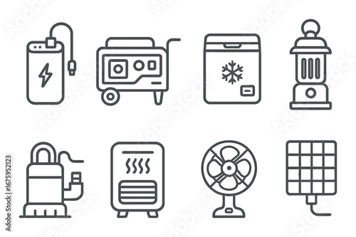 Home appliance icons: power bank, generator, freezer, heater, fan, solar panel
