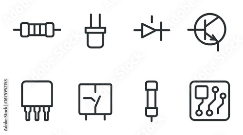 Collection of electronic component icons: resistor, capacitor, diode, transistor, fuse, circuit
