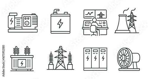 Essential power generation and distribution icons: generators, control panels, and energy infrastructure