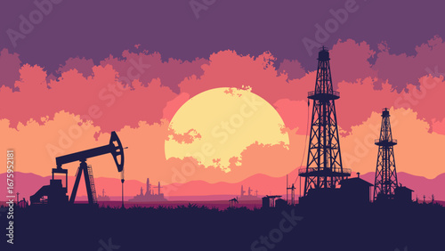 Midland, TX – Permian Basin rigs at sunset with oil sheen and flat horizon, palette: oil black, rust, wheat gold, twilight purple