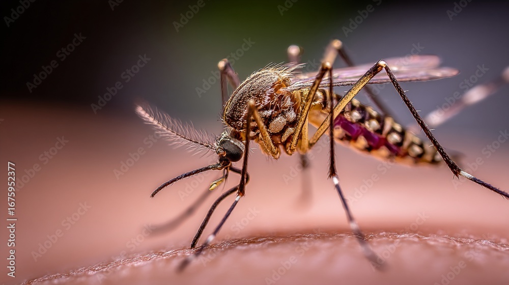 Fototapeta premium A close-up view of a mosquito perched on skin, showcasing intricate details of its body and wings, illustrating the fascinating world of insects with precision and vividness.