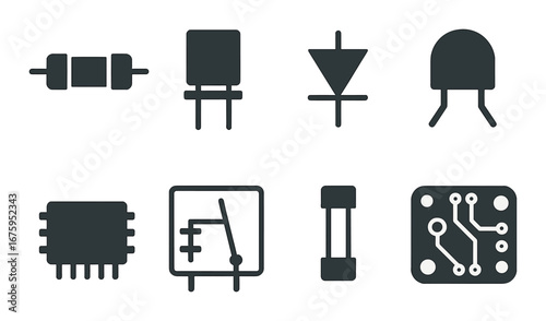 Electronic component icons: resistor, capacitor, diode, led, microchip, circuit symbols