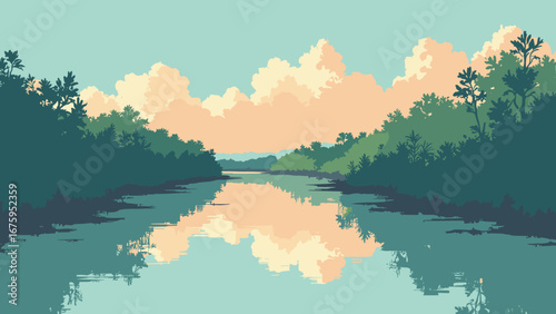 Miramar, FL – Everglades fringe and suburban canals with mangrove silhouettes, palette: mangrove green, canal teal, sky peach, mud tan