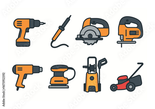 Colorful set of power tools: drill, soldering iron, saw, jigsaw, sander, pressure washer, lawnmower