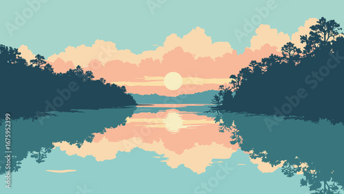 Palm Bay, FL – Indian River Lagoon with mangrove fingers and oyster bars at dawn, palette: lagoon teal, mangrove brown, shell white, coral