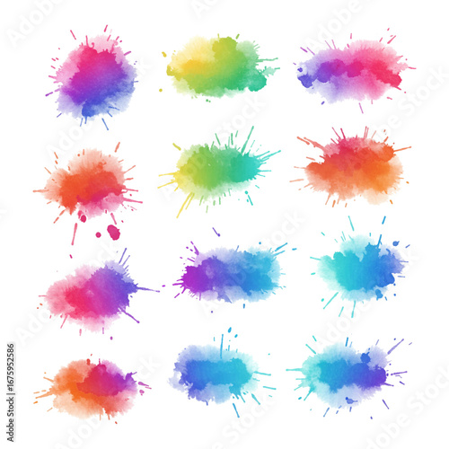Colorful Paint Splats Set Collection Isolated Hand Drawn Watercolor Painting Illustration