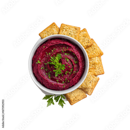 Beetroot Hummus with Crackers Overhead View of Delicious Vegan Dip