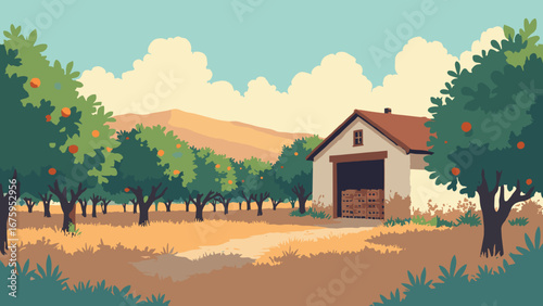 Garden Grove, CA – Orange groves and old citrus packing shed in warm light, palette: orange, leaf green, crate brown, cream