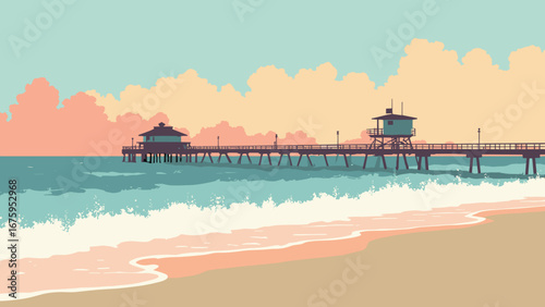 Oceanside, CA – Pier and surf lines with lifeguard tower silhouette at dawn, palette: seafoam, sand beige, pier brown, sky coral