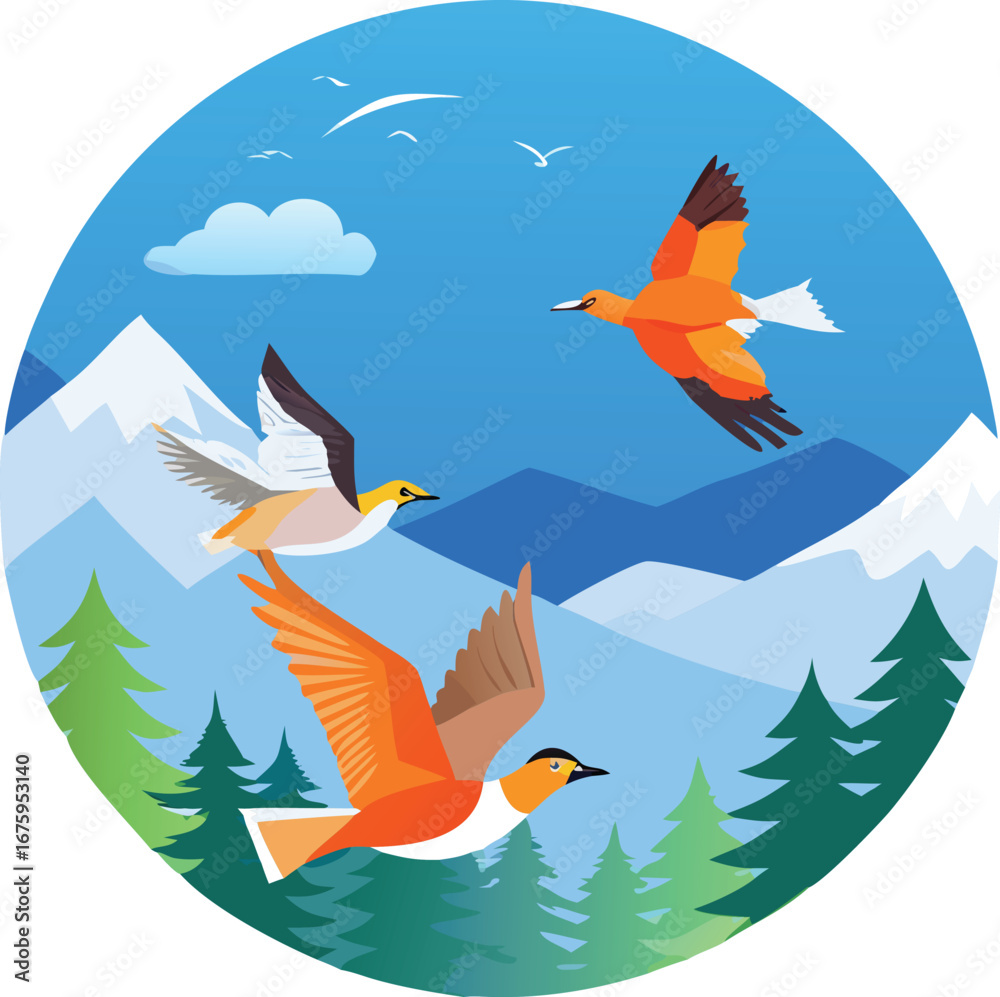 Obraz premium World migratory bird day celebration with colorful birds and nature elements