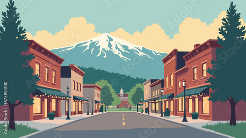 Fort Collins, CO – Old Town Square with foothill backdrop and string lights, palette: brick red, alpine gray, string amber, pine green
