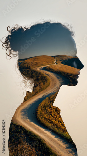 Mind's Journey: A conceptual image merges a woman's silhouette with a winding road, symbolizing the intersection of inner thoughts and life's path. Expressing the path of life and internal mindscape.
