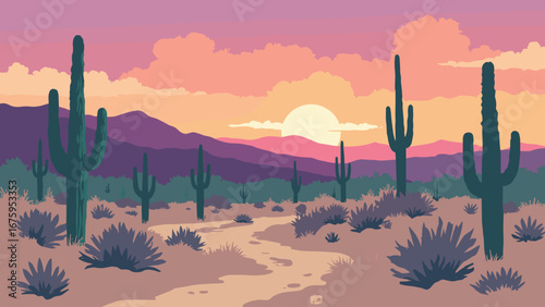 Surprise, AZ – Desert wash with saguaro clusters and mountain ridgeline at sunset, palette: saguaro green, sand beige, sunset magenta, adobe