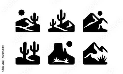 Set of minimalist desert landscape icons with mountains and cacti