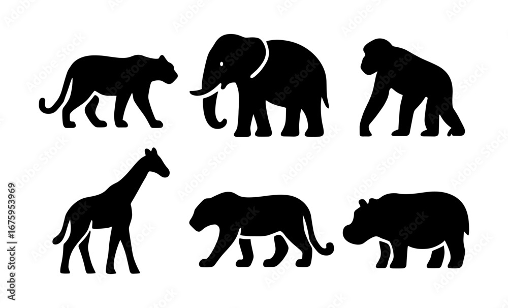 Obraz premium Silhouette safari animals: elephant, gorilla, giraffe, hippo, and big cats in black