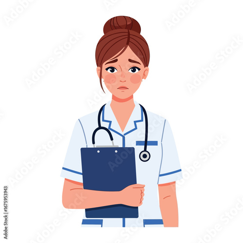 Weary Healthcare Professional: A dedicated medical practitioner stands with a clipboard, reflecting a sense of exhaustion, yet maintaining a composed and concerned demeanor.