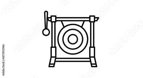 Line Drawing of a Gong with Mallet and Stand.