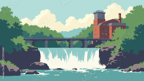 Paterson, NJ – Great Falls gorge with industrial mills and cascading water, palette: waterfall teal, mill brick, iron gray, moss