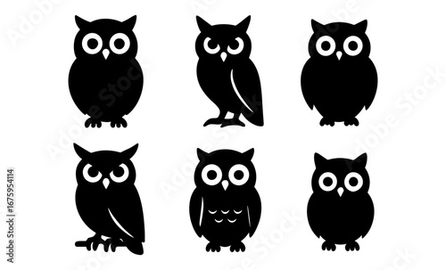 Silhouette owl collection: black and white icons of majestic nocturnal birds