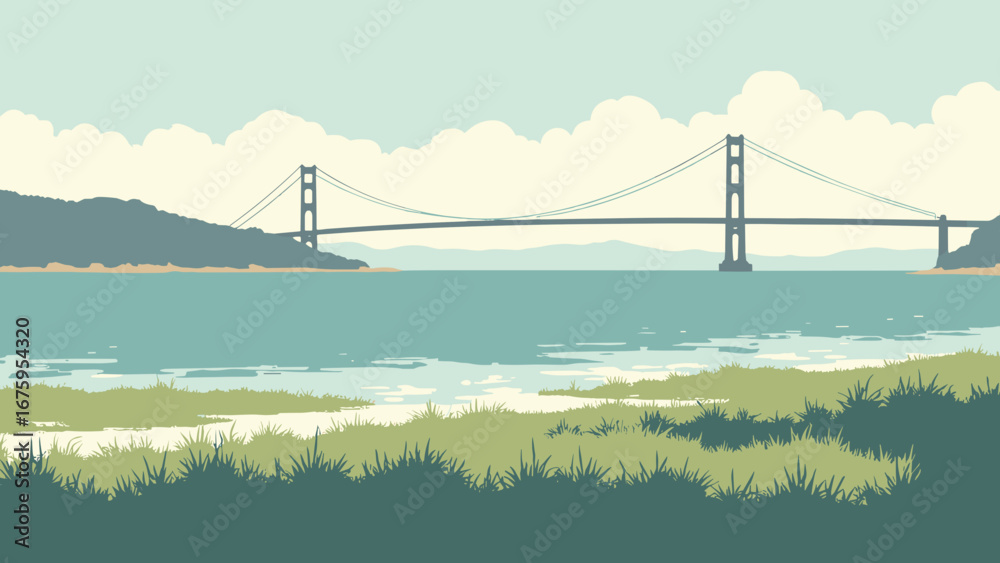 Fototapeta premium Hayward, CA – Bay shoreline with salt marsh and distant Bay Bridge span, palette: marsh green, bay teal, bridge gray, fog white