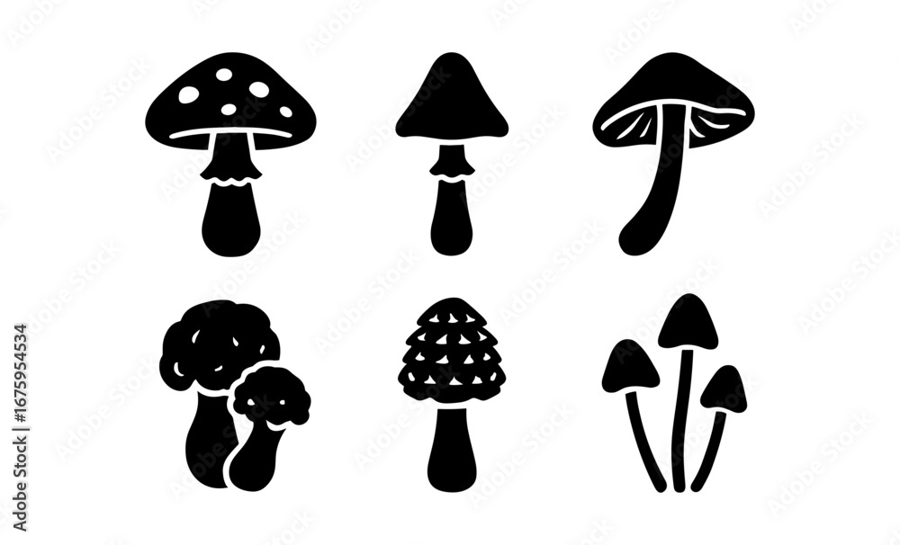 Set of mushroom silhouettes in black and white for nature and foraging concepts Set of mushroom silhouettes in black and white for nature and foraging concepts