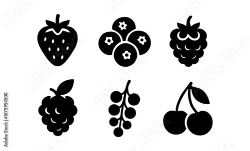 Silhouette fruit icons featuring berries and cherries for modern designs
