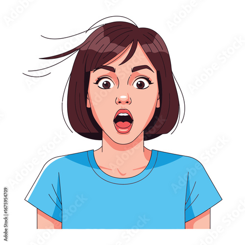 Surprised Expression: An illustrated portrayal of a woman's expressive face, capturing a moment of pure surprise, with wind-swept hair, and wide eyes.