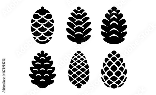 Set of six pine cone silhouettes in black on white background