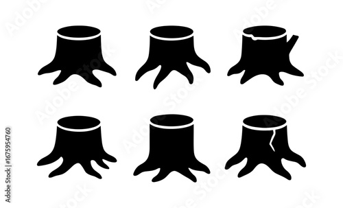Silhouette tree stump icons set: nature conservation and deforestation awareness