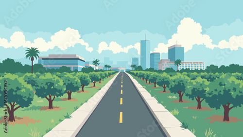 Sunnyvale, CA – Orchard-to-tech transition with palm rows and glass campuses, palette: silicon gray, orchard green, sky blue, concrete