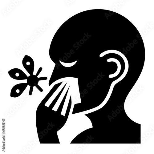 Hay fever silhouette of person sneezing from allergy, hay fever symptom. Character showing hay fever reaction from pollen allergy season.