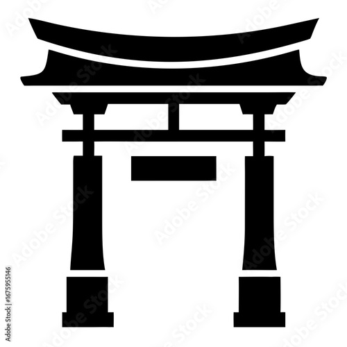 Shrine gate with roof in black silhouette. Symbolic shrine gate art represents entrance to a sacred place or Shinto temple. Use this shrine gate design to represent traditional Japanese culture.