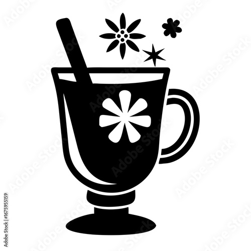 Festive mulled wine cup with spices in black and white for seasonal cheer. Preparing a mulled wine cup with spices offers warm indulgence and aromatic bliss for chilly evenings and winter gatherings.