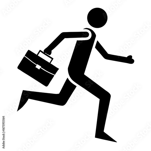 Person running with briefcase on white background, an urgent professional running with briefcase to important meeting. Person running with briefcase to office, late for work.