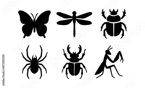 Silhouette collection of insects: butterfly, dragonfly, beetle, spider, mantis