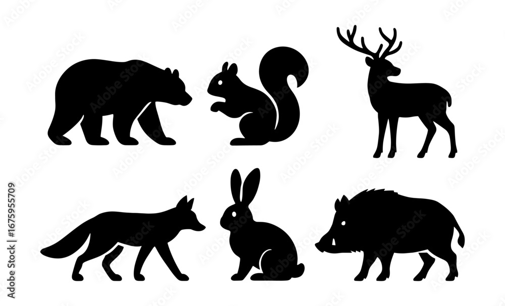 Obraz premium Wildlife silhouettes: bear, squirrel, deer, fox, rabbit, boar
