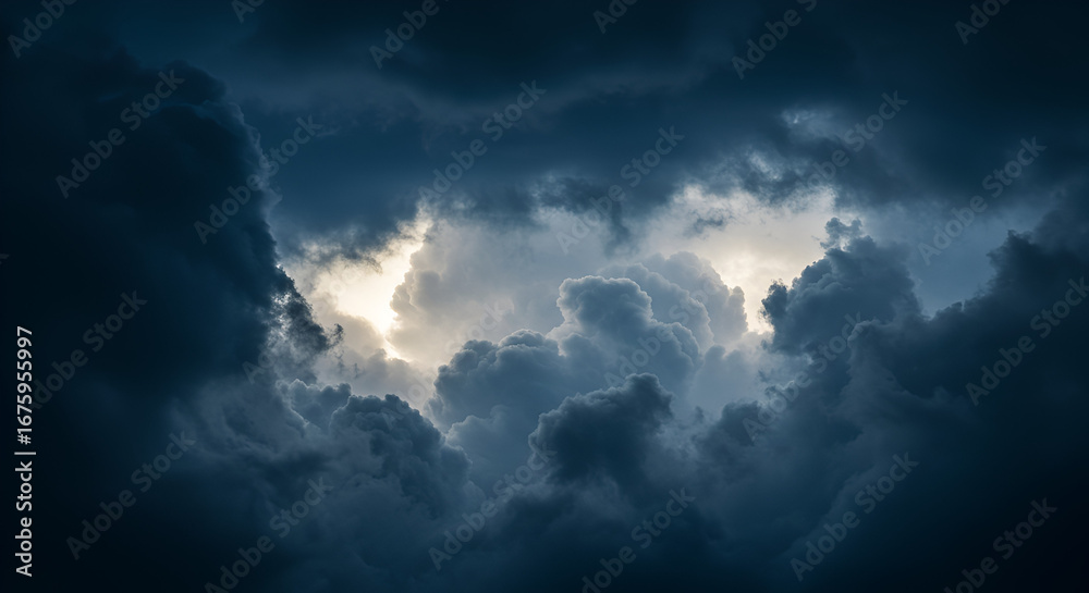 Obraz premium Dramatic cloudscape featuring dark storm clouds and a glimpse of sunlight