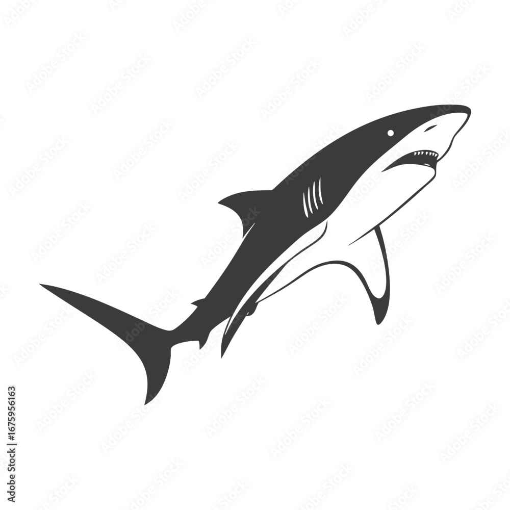Obraz premium Minimalist Black and White Great White Shark Vector Illustration, Sleek Predator Silhouette, Scalable Graphic for Logos and Designs