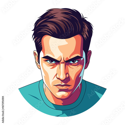 Intense Portrait of Anger: A bold illustration of a man expressing intense anger with a fierce gaze and stern facial features, rendered in striking graphic design and vibrant color palette.